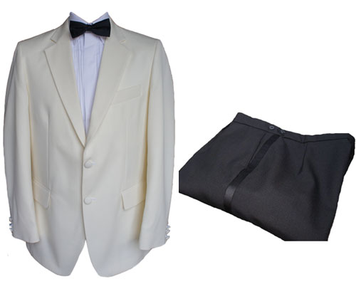 100% Wool Cream Tuxedo Jacket & Black Trousers